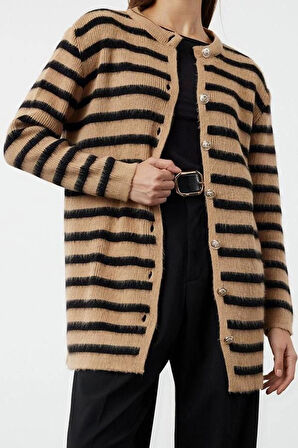 Kadın Modern Tarz Rahat Uzun Bisiklet Yaka Çizgili Kol Regular Triko Hırka