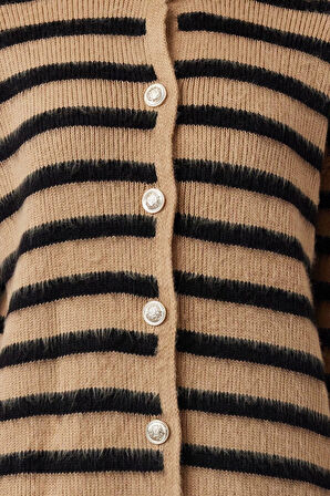 Kadın Modern Tarz Rahat Uzun Bisiklet Yaka Çizgili Kol Regular Triko Hırka