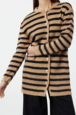 Kadın Modern Tarz Rahat Uzun Bisiklet Yaka Çizgili Kol Regular Triko Hırka