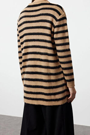 Kadın Modern Tarz Rahat Uzun Bisiklet Yaka Çizgili Kol Regular Triko Hırka