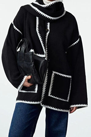 Kadın Modern Tarz Oversize Bisiklet Yaka Midi Triko Hırka