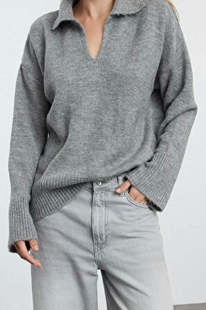 Stil Modern Kadın Regular Düşük Kol Polo Yaka Yünlü Geniş Kalıp Basic Triko Kazak