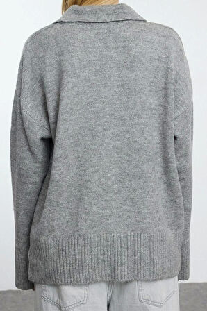 Stil Modern Kadın Regular Düşük Kol Polo Yaka Yünlü Geniş Kalıp Basic Triko Kazak