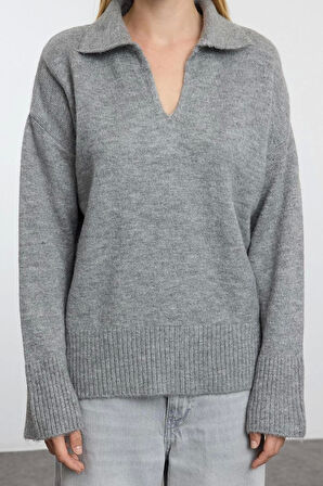 Stil Modern Kadın Regular Düşük Kol Polo Yaka Yünlü Geniş Kalıp Basic Triko Kazak