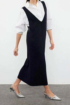 Moda Regular Casual Günlük Dolu İğne Triko V Yaka Uzun Kol Shift Maxi Boy Elbise