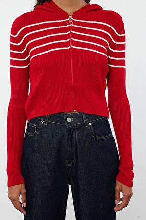 Kadın Modern Tarz Slim Kapüşonlu Crop Triko Hırka