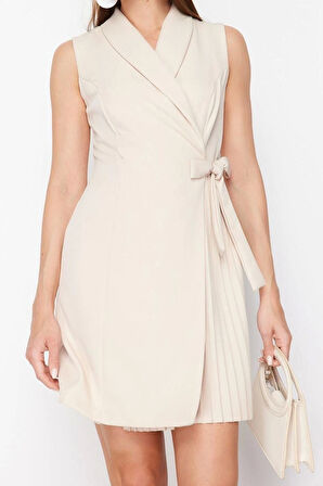 Moda Stil Regular Ceket Yaka Mini Boy Düz Dokuma Elbise