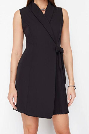 Moda Stil Regular Ceket Yaka Mini Boy Düz Dokuma Elbise