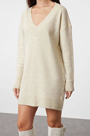 Moda Oversize Casual Günlük Dolu İğne Triko V Yaka Uzun Kol Kazak Elbise Mini Boy Elbise