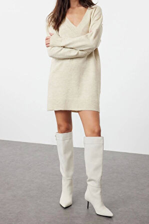 Moda Oversize Casual Günlük Dolu İğne Triko V Yaka Uzun Kol Kazak Elbise Mini Boy Elbise