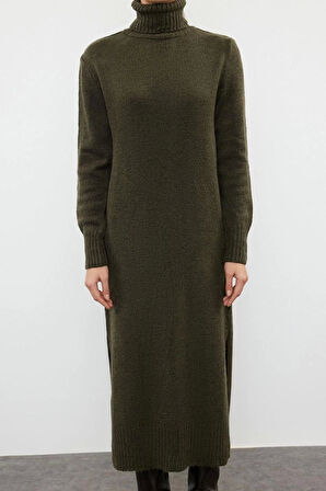 Moda Oversize Casual Günlük Dolu İğne Triko Balıkçı Yaka Uzun Kol Shift Midi Boy Elbise