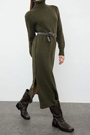 Moda Oversize Casual Günlük Dolu İğne Triko Balıkçı Yaka Uzun Kol Shift Midi Boy Elbise