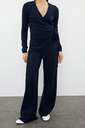 Moda Düz V Yaka Casual Günlük Lila Crop Kruvaze Bağlama Detaylı Triko Alt-Üst Takım