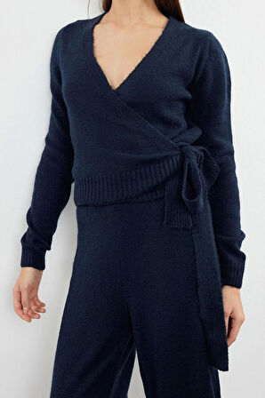 Moda Düz V Yaka Casual Günlük Lila Crop Kruvaze Bağlama Detaylı Triko Alt-Üst Takım