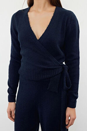 Moda Düz V Yaka Casual Günlük Lila Crop Kruvaze Bağlama Detaylı Triko Alt-Üst Takım