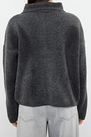 Kadın Modern Tarz Oversize Polo Yaka Regular Triko Hırka