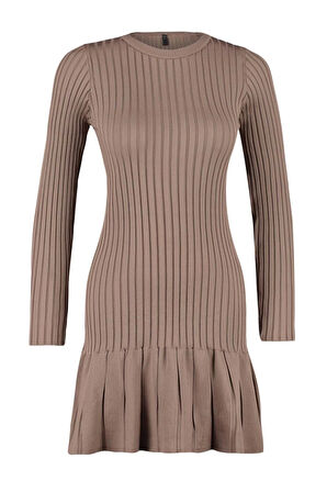 Moda Slim Gündüz Gece Dolu İğne Triko Bisiklet Yaka Uzun Kol A-Line Mini Boy Elbise