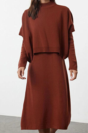 Moda Stil Oversize Dik Yaka Midi Boy Triko Süper Geniş Kalıp Süveterli Elbise