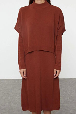 Moda Stil Oversize Dik Yaka Midi Boy Triko Süper Geniş Kalıp Süveterli Elbise