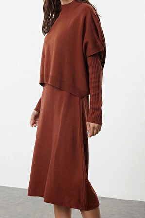 Moda Stil Oversize Dik Yaka Midi Boy Triko Süper Geniş Kalıp Süveterli Elbise