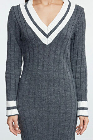 Moda Stil Regular V Yaka Midi Boy Triko Renk Bloklu Elbise