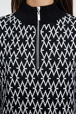 Moda Stil Regular Dik Yaka Mini Boy Triko Geometrik Desenli Elbise