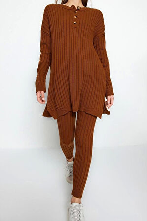 Moda Düz Bisiklet Yaka Düşük Kol Casual Günlük Fitilli Pantolonlu Triko Alt-Üst Takım