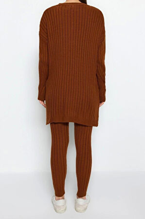 Moda Düz Bisiklet Yaka Düşük Kol Casual Günlük Fitilli Pantolonlu Triko Alt-Üst Takım