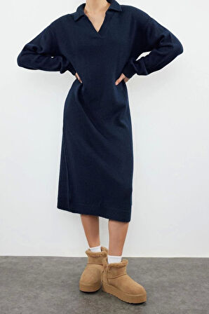 Moda Regular Casual Günlük Tek Plaka Triko Polo Yaka Uzun Kol Shift Midi Boy Elbise