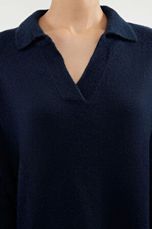 Moda Regular Casual Günlük Tek Plaka Triko Polo Yaka Uzun Kol Shift Midi Boy Elbise