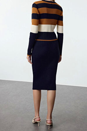 Tarz Kadın Modern Moda Normal Bel Boru Paça Bisiklet Yaka Renk Bloklu Etekli Triko Alt-Üst Takım