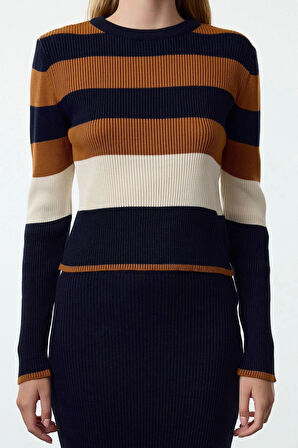 Tarz Kadın Modern Moda Normal Bel Boru Paça Bisiklet Yaka Renk Bloklu Etekli Triko Alt-Üst Takım