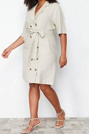 Moda Business Keten Görünümlü Dokuma Ceket Yaka Kısa Kol Ceket Elbise Midi Boy Büyük Beden Elbise