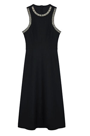 Moda Stil Fitted Halter Yaka Midi Boy A-Kesim Taş Aksesuarlı Dokuma Elbise