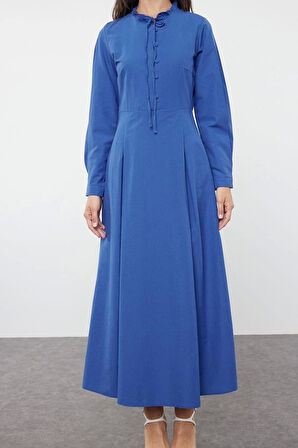 Moda Regular Casual Günlük Poplin Dokuma Dik Yaka Uzun Kol A-Line Maxi Boy Tesettür Elbise
