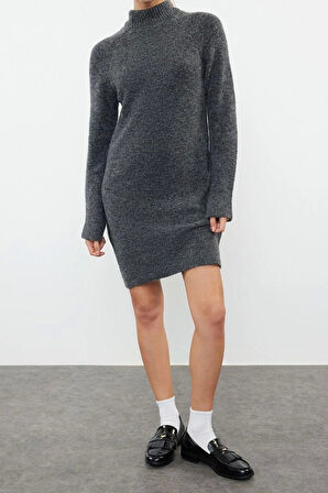 Moda Regular Casual Günlük Tek Plaka Triko Dik Yaka Uzun Kol Shift Mini Boy Elbise