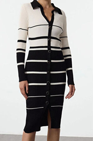 Moda Stil Slim Polo Yaka Midi Boy Triko Renk Bloklu Çizgili Elbise