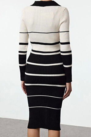 Moda Stil Slim Polo Yaka Midi Boy Triko Renk Bloklu Çizgili Elbise