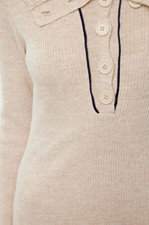 Moda Stil Regular Polo Yaka Midi Boy Triko Çizgili Biye Detaylı Elbise