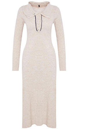 Moda Stil Regular Polo Yaka Midi Boy Triko Çizgili Biye Detaylı Elbise