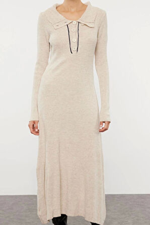 Moda Stil Regular Polo Yaka Midi Boy Triko Çizgili Biye Detaylı Elbise