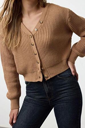 Kadın Modern Tarz Regular V Yaka Crop Triko Hırka