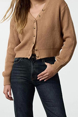 Kadın Modern Tarz Regular V Yaka Crop Triko Hırka
