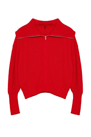 Stil Modern Kadın Regular Düşük Kol Devrik Yaka Geniş Kalıp Fermuarlı Triko Hırka