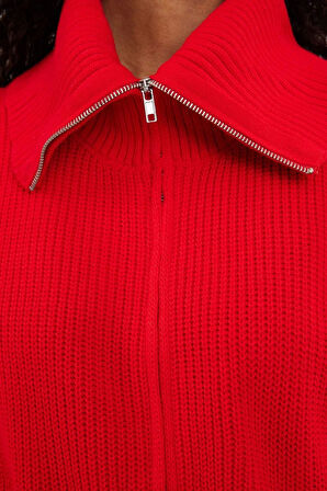 Stil Modern Kadın Regular Düşük Kol Devrik Yaka Geniş Kalıp Fermuarlı Triko Hırka