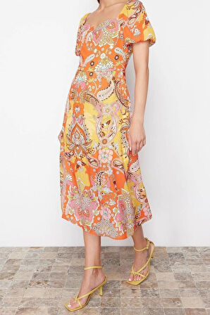 Moda Regular Casual Günlük Moss Krep Dokuma Kalp Yaka Kısa Kol A-Line Midi Boy Elbise