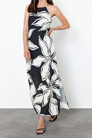 Moda Kolsuz Halter Yaka Siyah Batik Desenli Düz Kesim Kolsuz Maxi Astarlı Saten Dokuma Elbise