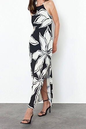 Moda Kolsuz Halter Yaka Siyah Batik Desenli Düz Kesim Kolsuz Maxi Astarlı Saten Dokuma Elbise