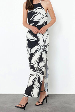 Moda Kolsuz Halter Yaka Siyah Batik Desenli Düz Kesim Kolsuz Maxi Astarlı Saten Dokuma Elbise