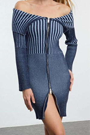 Moda Stil Slim Devrik Yaka Mini Boy Triko Premium İplik Özel İplik Yıkama Efektli Elbise